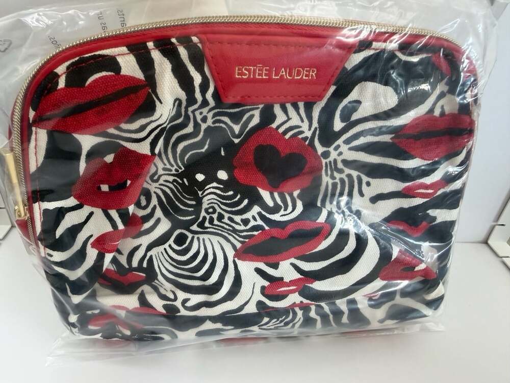 Estee Lauder Cosmetic Makeup Bag Zebra Print Red Lips